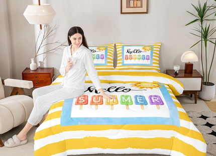 Erosebridal Kids Summer Beach Comforter Set Twin, Yellow Stripes Bedding Set for Girls Boys Teens Women Men Bedroom, Summer Funny Geometric Comforter, Sun Colorful Ice Cream Popsicle Quilt