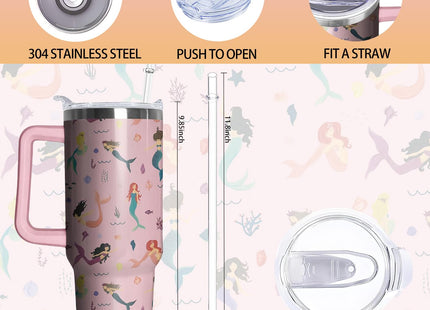 40oz Mermaid Tumbler with Handle and Straw, Animal Lovers Gifts for Women, Stainless Steel Travel Mug Water Bottle, Vacuum Insulated Cup with Lid