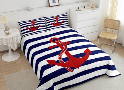 Nautical Anchor Comforter Set Queen,Geometric Stripes Duvet Insert Ocean Adventure Theme Quilted Duvet Set Navy Blue and Red Bedding Set 3pcs for Kids Girls Teens Boys Room Decor with 2 Pillowcases