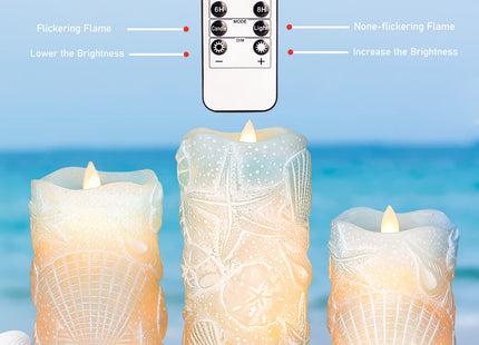 Silverstro Ocean Flameless Candles with Remote Carved Seashell Real Wax Flicker Battery Operated Candles for Home Party Wedding Nautical Summer Christmas Decor - Set of 3(Blue)