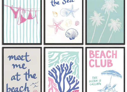 6pcs Blue Coastal Granddaughter Canvas Wall Art Summer Seashell Bikini Posters Prints Paintings Beach Preppy Aesthetic Wall Decor Pictures for Dorm Apartment Sea View Room Home Decoration Unframed