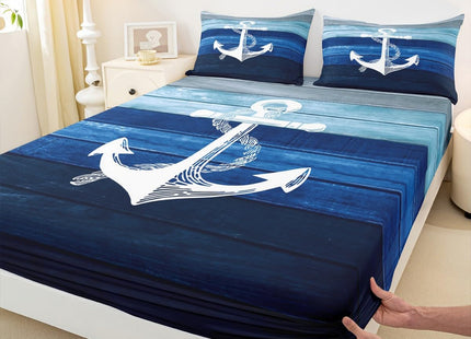 Castle Fairy White Anchor Sheets Set King,Nautical Style Ocean Adventure Decor Bedding Set for Youth Women Bedroom,Ombre Blue Wooden Stripes Bed Set with Deep Pocket Fitted Sheet with 2 Pillow Case