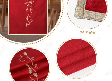 MelonBoat Red Velvet Table Runner with Gold Embroidered Holly Leaf, Luxury Christmas Table Runner for Home Party Decor