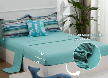 Holawakaka Beach Stripe Bedding Sets 6 Pieces, Aqua Coastal Striped Comforter Set King Size All Season Geometric Bed Set, Nautical Bed in a Bag with Comforter, Sheets and Shams