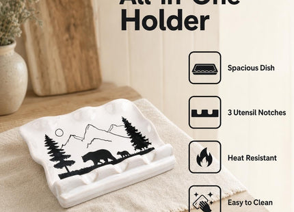 Ceramic Spoon Rest Large Stove Top Utensil Holder Bear Forest Art