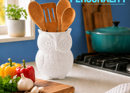 Comfify White Owl Utensil Holder – Decorative Ceramic Kitchen Crock