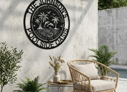 Personalized Pool Oasis Metal Sign | Backyard Poolside Wall Art | Custom Outdoor Decor | Tropical Themed Plaque for Coastal & Lake House | Yard & Patio Ornament | 8-24 Inch (Backyard Oasis C)