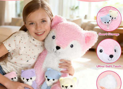 Muiteiur Pink Fox Stuffed Animal Set 5 Pcs, 20" Mom Fox Plush with 4 Babies