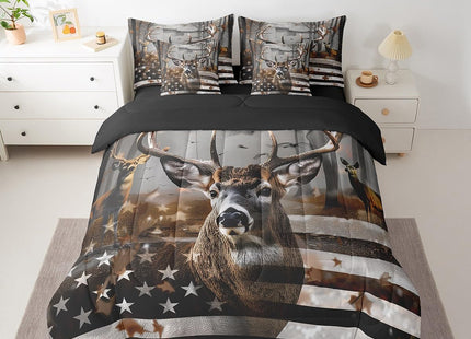 Erosebridal Full Comforter Set 7 Piece Deer American Flag Bed in A Bag Woodland Hunting Deer Elk Bedding Set with Sheet Set and Pillow Covers for Kids Adults,Reversible Black Bed Set