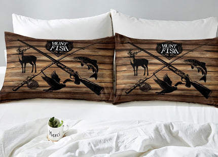 Kids Retro Hunt Fish Bed Sheets Queen Size,Retro Farm Wooden Board Quality Brushed Microfiber Luxury Bedding Set Deer Bird Fish Animal Hunting Bed Sheet Set (1 Flat,1 Fitted Sheet,2 Pillowcases)