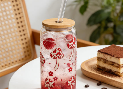 Coquette Cute Glass Cup with Lids and Straws 18OZ Mushroom Iced Coffee Cup