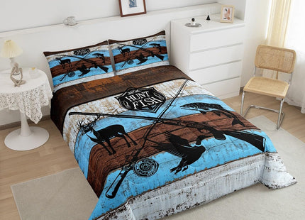 Castle Fairy Animal Hunting Comforter Set Full Size,Wild Deer Mallard Fish Print Bedding Comforters Lodge Decor,Rustic Farmhouse Blue Wooden Barn Quilt Set with 2 Pillowcases,Xmas Present