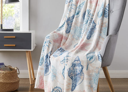 Ocean Life Coastal Fleece Throw Blanket, Starfish Shells, 50x70, Oversized