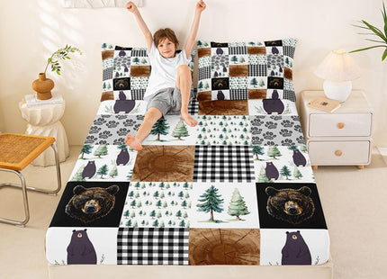 Kids Rustic Black Bear Bed Sheets Twin Woodland Animal Fitted Sheet For Boys Teen Men,Patchwork Black White Grey Buffalo Plaid Sheet Set Farmhouse Wooden Pine Tree Bear Paw Flat Sheet 3 Pcs