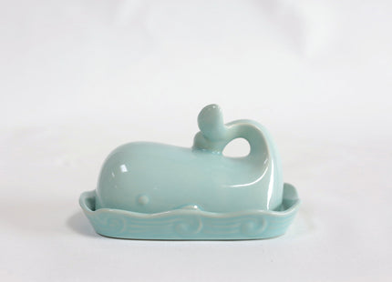 Creative Co-Op Stoneware Whale Butter Dish with Embossed Wave Detail, Aqua Finish