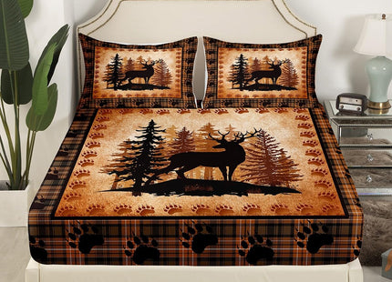 Castle Fairy Deer Bear Plaid Bed Sheet Set Queen Size,Animal Hunting Bear Print Bedding Set for Children Adult,Pine Trees Rustic Retro Grid Sheet Sets with Flat, Fitted Sheet, 2 Pillowcases