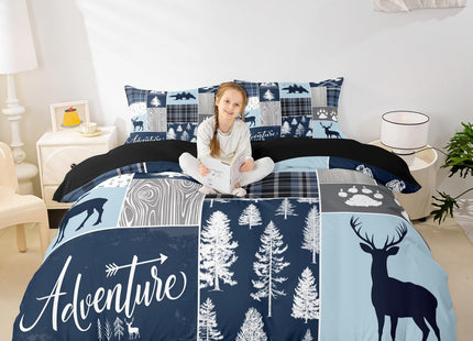 Hunting Bear Deer Comforter Cover, Buffalo Plaid Duvet Cover Twin Size Rustic Cabin Patchwork Bedding Set For Kids Boys Teens Adult, Farmhouse Cowboy Woodland Bed Set With 1 Pillow Case, Blue Grey