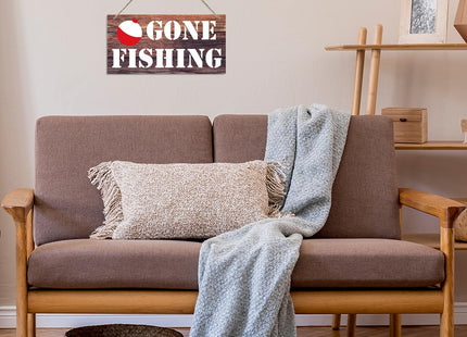 Rustic Gone Fishing Sign - Decorative Wood Plaque, Wall Art, Hanging Sign for Lake House & Farmhouse Decor