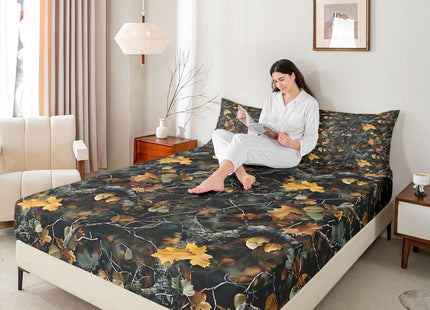Castle Fairy Natural Bed Sheets 4 Pcs Full Size for Room Decor Forest Woods Deep Pocket,1 Fitted Sheet 1 Flat Sheet 2 Pillowcases,Nature Camo Tree Leaves Bedding Set,Green