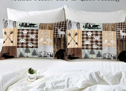 VIVIHOME 2PCS Black Bear Moose Deer Duvet Cover, Twin Bedding Sets, Vintage Brown Plaid Country Farmhouse Rustic Bedding, Forest Animal Wildlife Hunting Cabin Lodge Quilt Comforter Cover, 1 Pillowcase