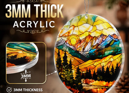Mountain Landscape Christmas Ornament, Rustic Cabin Decor with Forest Pine Trees Lake Scenery, Tiffany Stained Glass Inspired Outdoor Adventure Hanging Decoration, Nature Lover Gift for Christmas Tree