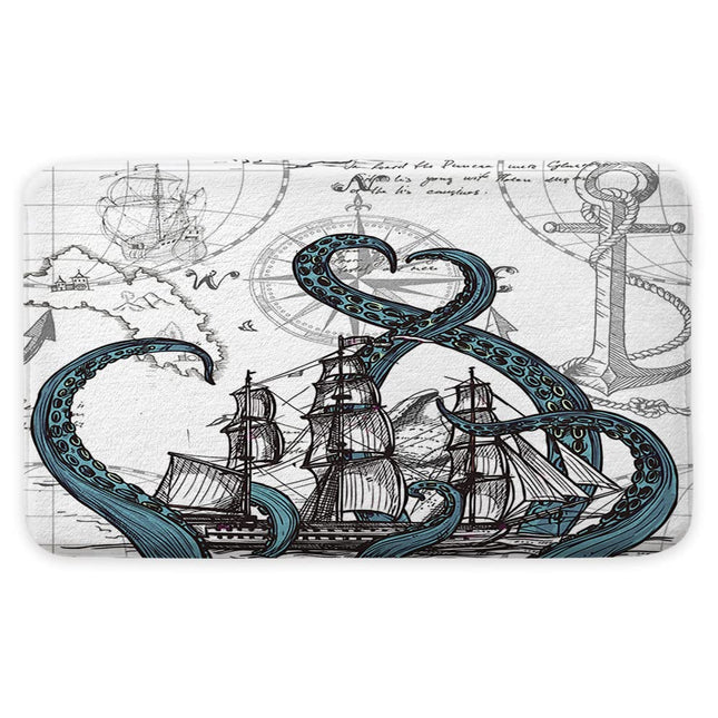 Uokiuki Nautical Bath Mat, Kraken Octopus Bath Rug, Non Slip Bathroom Rug, Pirate Ship and Anchor Bathroom Decor 17x29 Inch
