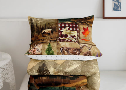 Hunting Deer Comforter Set Full Farmhouse Decor,Elk Reindeer Moose Woodland Animals Wildlife Bedding Set,Rustic Wood Cabin Style Down Comforter,Southwestern Aztec Boho Buffalo Plaid Patchwork Quilt