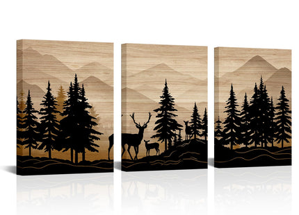 WELMECO Deer Wall Art Log Cabin Decor Rustic Farmhouse Bedroom Bathroom Living Room Decor 12"x16" x 3Pieces,Framed Canvas Wall Art