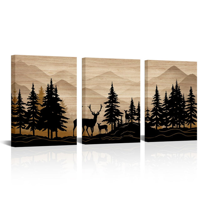 WELMECO Deer Wall Art Log Cabin Decor Rustic Farmhouse Bedroom Bathroom Living Room Decor 12"x16" x 3Pieces,Framed Canvas Wall Art