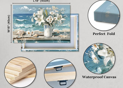 Blue Ocean Beach Bathroom Decor Wall Art, Starfish with White Flower Picture Canvas Prints Modern Coastal Seascape Painting Framed Seaside Seashell Floral Artwork for Beachy Home Decoration 12x18inch