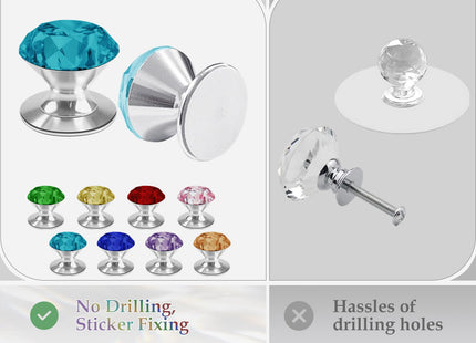 CcHhyyt 4 Pcs Adhesive Crystal Knobs Stick On Cabinet Handle Turquoise K9 Crystal Pulls Peel and Stick Dresser Pulls for Mirror Cabinet Drill Free Knobs for Glass Sliding Doors Fish Tank Lid Terrarium