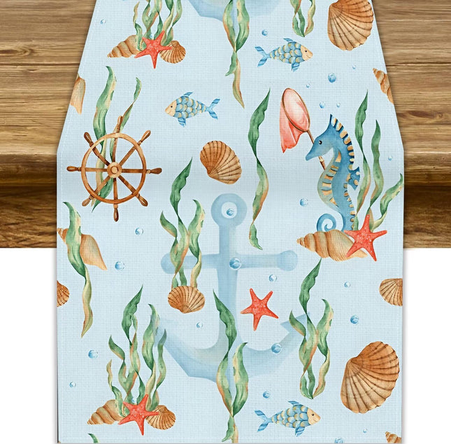 Watercolor Anchor Table Runner, Summer Underwater Cute Fishes Seahorse Nautical Anchor Seashells Bubbles Print Table Runner for Kids Birthday Party Picnic Kitchen Decor, 13x60inch