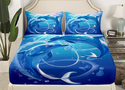 Dolphin Bed Sheets Set Twin, Underwater World Sheet Set for Kids Boys Girls, Cute Marine Life Bedding, Blue Wave Decor Sheets with Pocket, Soft Microfiber Flat Fitted Sheet Ocean Theme Room Decor