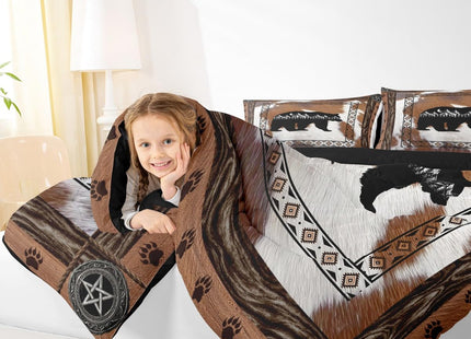 Erosebridal Rustic Cabin Bear Twin Comforter Set,Boho Aztec Cow Print Bedding Set,Bohemian Southwestern Comforter,Country Farmhouse Decor for Kids Boys Girls Bedroom Room,1 Pillowcase Lightweight