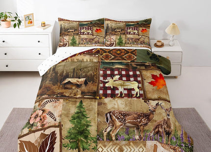 Elk Deer Farmhouse Bedding Set Twin,Reindeer Moose Farm Animal Wildlife Comforter Set,Country Cabin Barn Door Lake House Down Comforter,Retro Aztec Patchwork Plaid Pine Tree Jungle Plant Duvet Insert