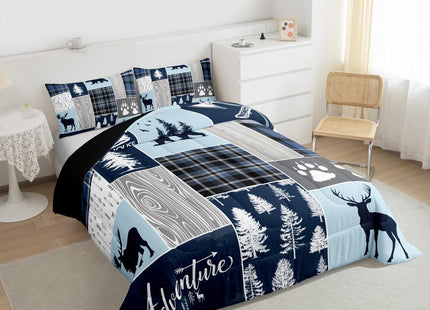 Hunting Bear Deer Quilt,Christmas Buffalo Plaid Comforter Set Twin Size Rustic Cabin Patchwork Duvet Sets For Kids Boys Teens Adult,Farmhouse Cowboy Woodland Bedding Set,1 Pillow Case,Blue Grey