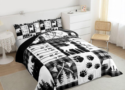 Erosebridal Rustic Patchwork King Comforter Set for Boys,Black White Grey Plaid Animal Kids Comforter Hunting Bear Deer Quilt Set for Teen Men,Country Farmhouse Lodge Wildlife Bed Set 2 Pillow Cases