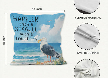 VRW Coastal Beach Seagull Throw Pillow Covers 18x18, Funny Happier Than a Seagull with a French Fry Decorative Pillow Covers for Home Bedroom, Ocean Beachy Room Decor Accent Pillows Cover Pillowcases