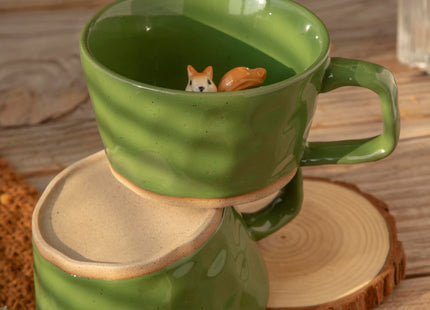 DIHOclub Farmhouse Ceramic Coffee Mug with Squirrel Figurine – Rustic Stoneware Cup, Matte Finish, Ideal for Breakfast & Home Decor (Green Squirrel)