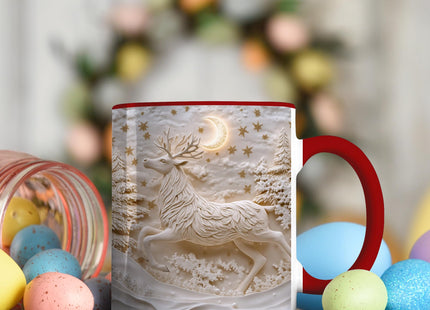 Elegant Reindeer Mug - Winter Moon and Forest Scene - Unique Christmas Ceramic Coffee Cup Gift Idea, 11oz Red