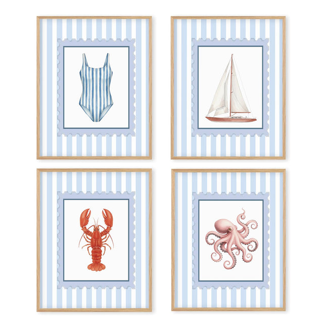 Boat Wades Blue Striped Nautical Beach Wall Art Prints Set of 4, Nautical Ocean Swimsuit Lobster Octopus Sailboat Posters Pictures Wall Decor for Beach House Home Living Room, 8x10 Unframed