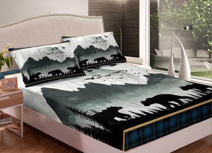 Rustic Bear Fitted Sheet Twin for Adult Women Wild Animal Bear Print Bedding, Western Farmhouse Theme Bed Sheets for Boys Girls Blue Grids Decor Bed Set, Old Barn Door Print Fitted Sheet