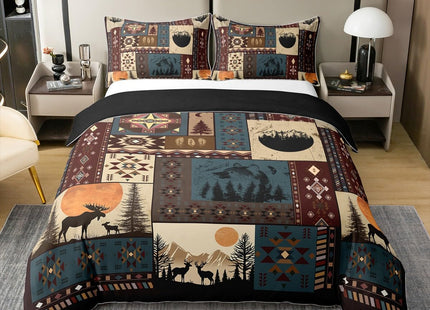 100% Cotton Bohemian Deer Comforter Cover Queen, Bear Wildlife Hunting Theme Duvet Cover, Cabin Decor Buffalo Plaid Grid Bedding Set for Kids Teens, Retro Xmas Pine Tree Geometric Quilt Cover, 3Pcs