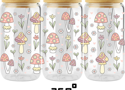 Mushroom Glass Cup with Bamboo Lids Straws, 16oz Retro Hippie Tumbler