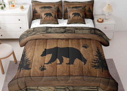 Manfei Rustic Bear Comforter Set 7 Pieces, Wild Animals Hunt Bed Set for Boys Adults, Brown Wooden Plank Bedding Twin with 1 Comforter,1 Fitted Sheet,1 Flat Sheet,2 Pillowcases,2 Throw Pillow Cover