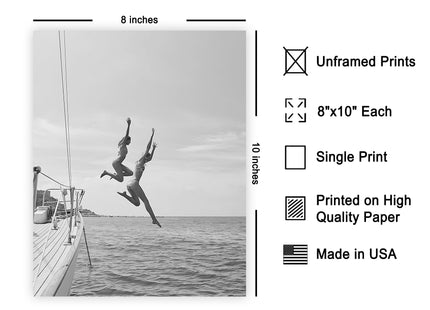 Poster Master Jumping Off a Boat Print - Sailboat Poster - Swimming & Diving Art - Black and White Photography Wall Design - Ocean or Beach House Coastal Decor - 8x10 UNFRAMED Wall Art