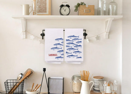 AQYIP Coastal Beach Blue Sardines Kitchen Towels, Nautical Ocean Fish Hand Towels for Bathroom Decor, Fish Themed Gifts, Beachy Sea Life Dish Tea Towel for Kitchen Decor, 16x24 Inch Set of 2