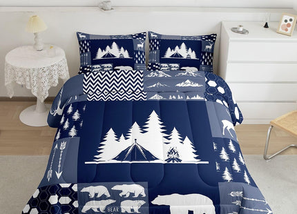 Erosebridal Camper Bedding Set Twin Rustic Farmhouse Camping Comforter Set,Bear Deer Woodland Animal Comforter for Kids Boys Girls,Patchwork Geometric Hexagon Arrow Decor Quilt Duvet Navy Blue 2 Pcs