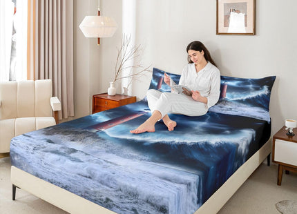 Erosebridal Lighthouse Bed Cover Nautical Fitted Sheet Surfing Ocean Wave Bedding Set Twin Size Coastal Nature Theme Fitted Sheet for Kids Boys Girls Teens Living Room Decor, Blue