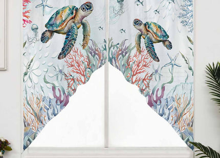 Lsrtoss Sea Turtle Swag Valances for Windows 2 Pack, Kitchen Window Curtains 36 Inch Length, Coastal Nautical Coral Beach Starfish Swag Curtains for Living Room/Bathroom with Rod Pocket 36"x36"
